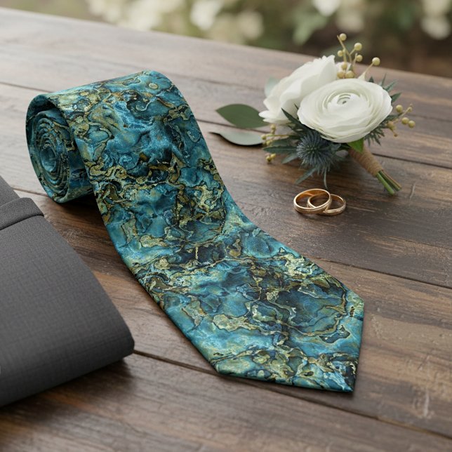 Teal Turquoise Faux Gold Minerals Agate Pattern Tie (Creator Uploaded)