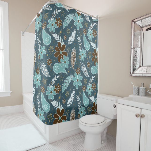teal turquoise feathery flowery boho pattern shower curtain (In Situ)
