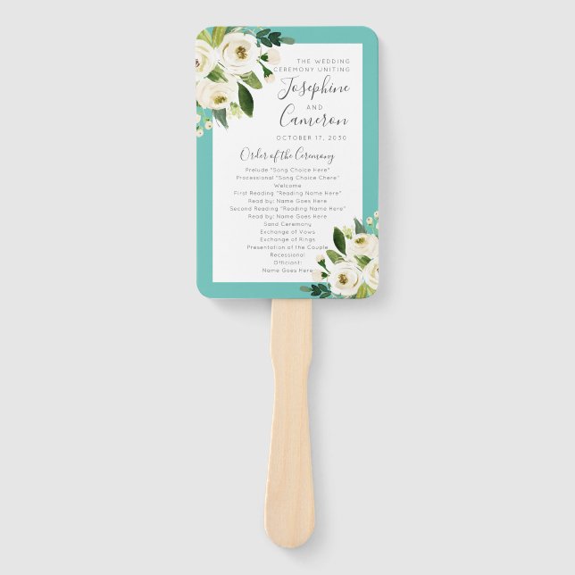 Teal Turquoise Floral Bouquet Wedding Program Fan (Front)