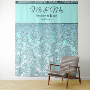 Teal Turquoise Floral Photo Booth Wedding Backdrop Tapestry
