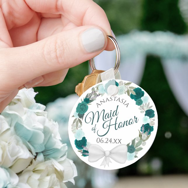 Teal Turquoise Floral Wreath Maid of Honour Weddin Key Ring (Creator Uploaded)