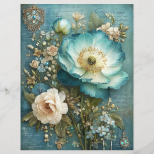 Teal Turquoise Flower Junk Journal Scrapbook Paper