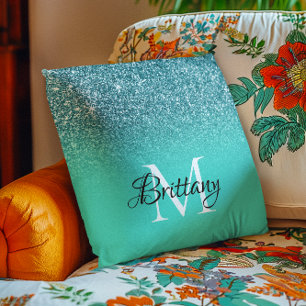 Teal Turquoise Glitter Ombre Monogram Cushion