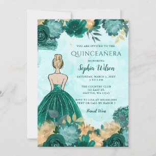 Teal Turquoise Gold Floral Princess Quinceañera Invitation