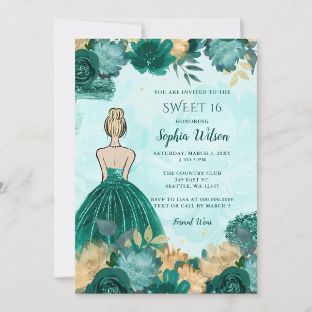 Teal Turquoise Gold Floral Princess Sweet 16 Invitation (Front)