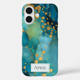 Teal, Turquoise & Gold Marble  iPhone 16 Case