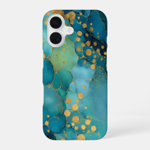 Teal, Turquoise & Gold Marble iPhone 16 Case