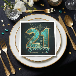 Teal Turquoise Gold Mosaic Agate 21st Birthday Napkin