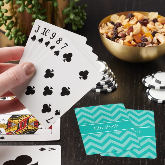 Teal Turquoise LG Chevron Teal Name Monogram Playing Cards (In Situ)