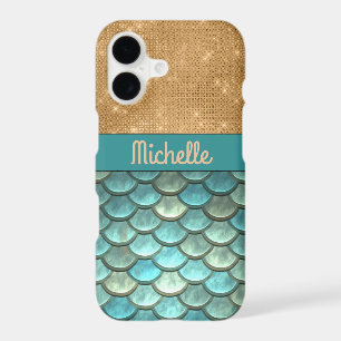 Teal Turquoise Mermaid Scales Gold Glitter, Name