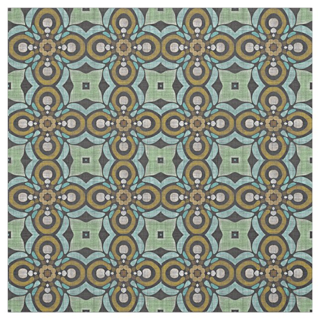 Teal Turquoise Ochre Retro Nouveau Deco Pattern Fabric (Swatch)