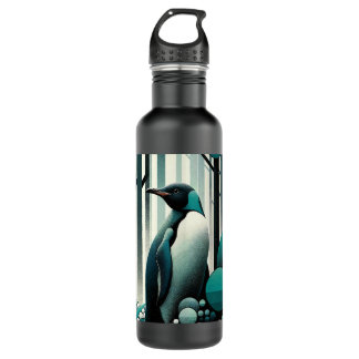 Teal Turquoise Penguin In The Art Deco Geometrical 710 Ml Water Bottle
