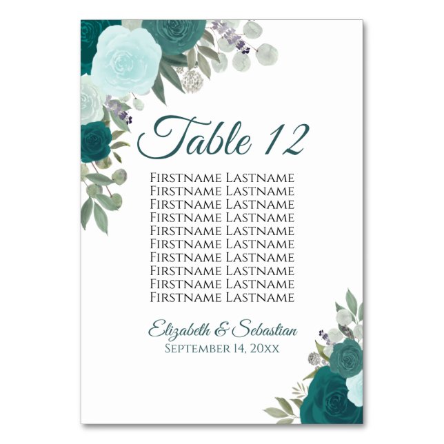Teal Turquoise Roses Elegant Wedding Seating Chart Table Number (Front)