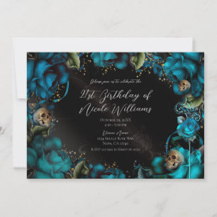 Teal Turquoise Roses Skulls Gothic Birthday Party  Invitation