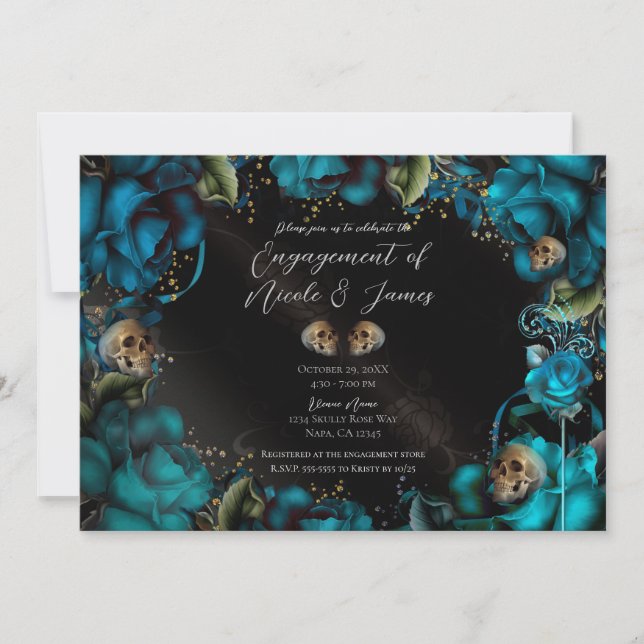 Teal Turquoise Roses Skulls Gothic Engagement  Invitation (Front)