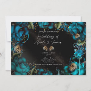 Teal Turquoise Roses Skulls Gothic Wedding Invitation