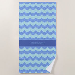 Teal Turquoise Royal Blue Scalloped Waves Beach Towel
