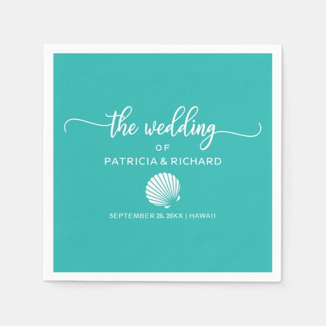 Teal Turquoise Seashell Beach Destination Wedding Napkin (Front)