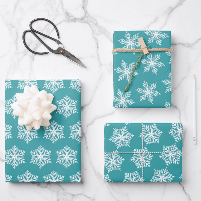 Teal Turquoise Snowflakes Festive Christmas Wrapping Paper Sheet (Front)
