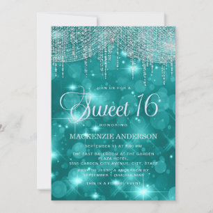 Teal Turquoise String Lights Bokeh Sweet 16 Invitation