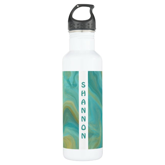 Teal, Turquoise, Tan Fluid Art Marble Personalised 710 Ml Water Bottle (Front)