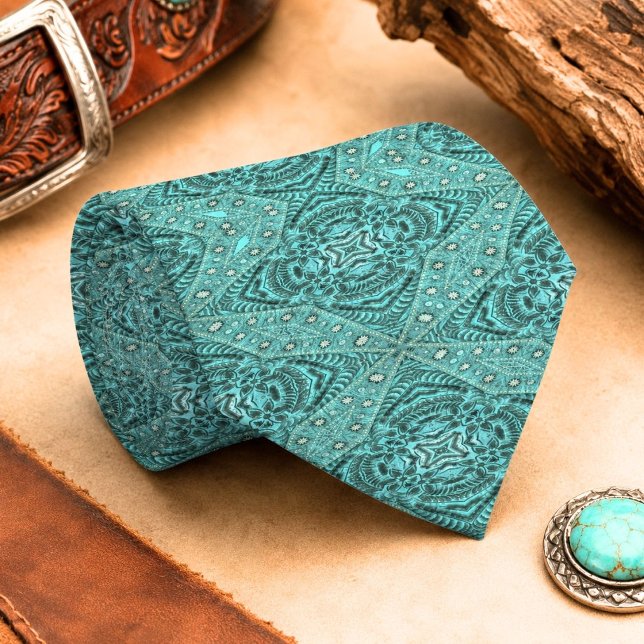 teal turquoise western country Tooled Leather Tie (teal turquoise western country Tooled Leather Neck Tie)