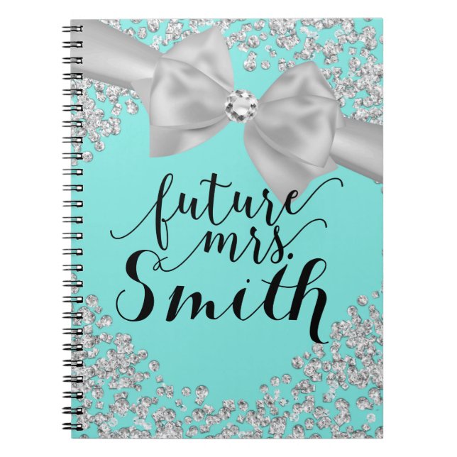 Teal Turquoise White Bow Diamond Bling Future Mrs. Spiral Notebook (Front)