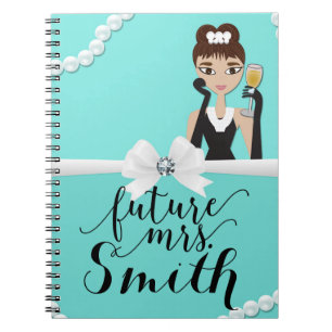 Teal Turquoise White Bow Pearls Wine Future Mrs. Spiral Notebook