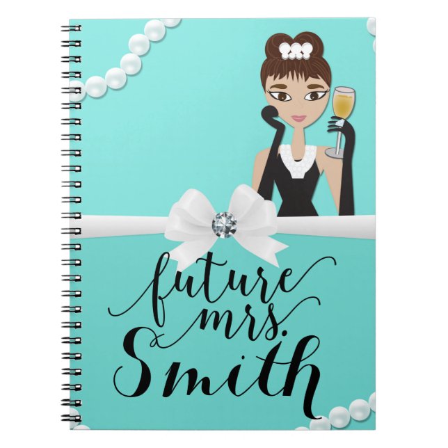 Teal Turquoise White Bow Pearls Wine Future Mrs. Spiral Notebook (Front)