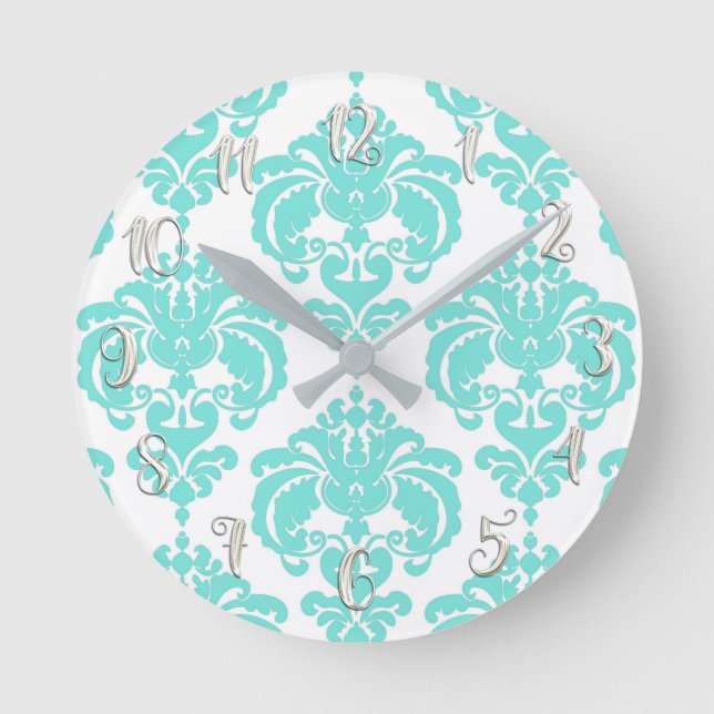 Teal Turquoise & White Damask Modern Personalised Round Clock (Front)