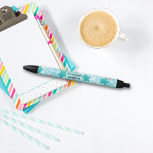 Teal Turtle Pink Star Pattern Monogram Black Ink Pen