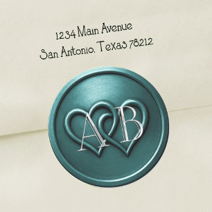 Teal Two Hearts Silver Monogram Wedding Classic Round Sticker