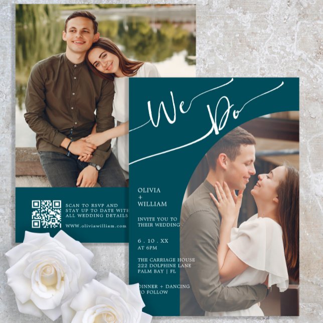 Teal Two Photo Handwritten Wedding Invitation (Creator Uploaded)