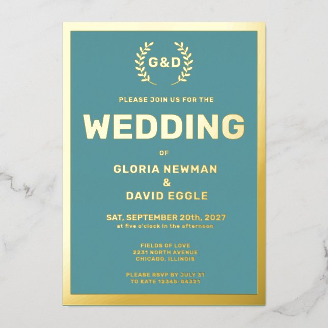 Teal Typography Wedding Real Gold (Front)