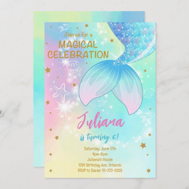 Teal Under the Sea Mermaid Tail Birthday Invite (Front/Back)