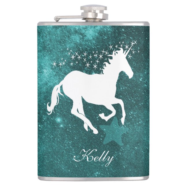 Teal Unicorn Personalised Flask (Front)