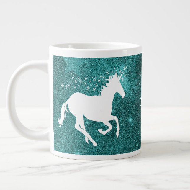 Teal Unicorn Personalised Giant Coffee Mug (Left)
