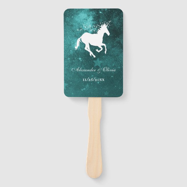 Teal Unicorn Wedding Favour Hand Fan (Front)