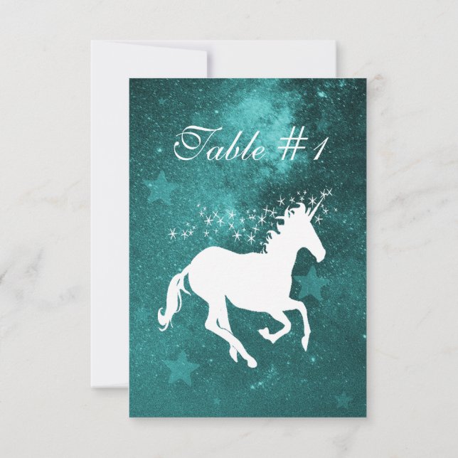 Teal Unicorn Wedding Reception Table Card (Back)