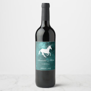 Teal Unicorn Wedding Wine Label
