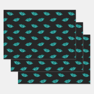 Teal Vampire Lips and Teeth on Black Wrapping Paper Sheet