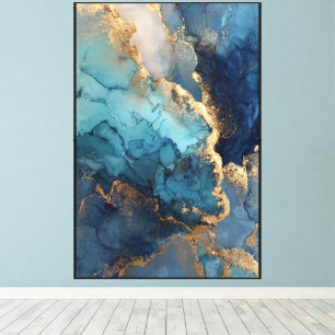 Teal Veins: Blue & Gold Marble Abstract Canvas Print