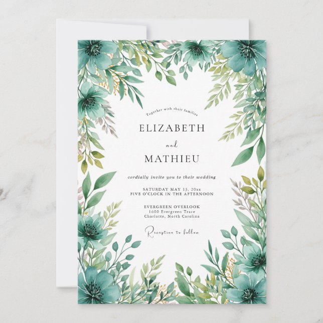 Teal Verdant Botanical Wedding Invitation (Front)