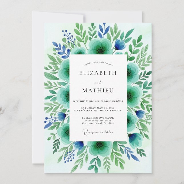 Teal Verdant Floral Botanical Wedding Invitation (Front)