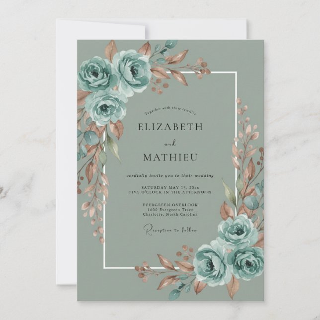 Teal Verdant Flourish Wedding Invitation (Front)