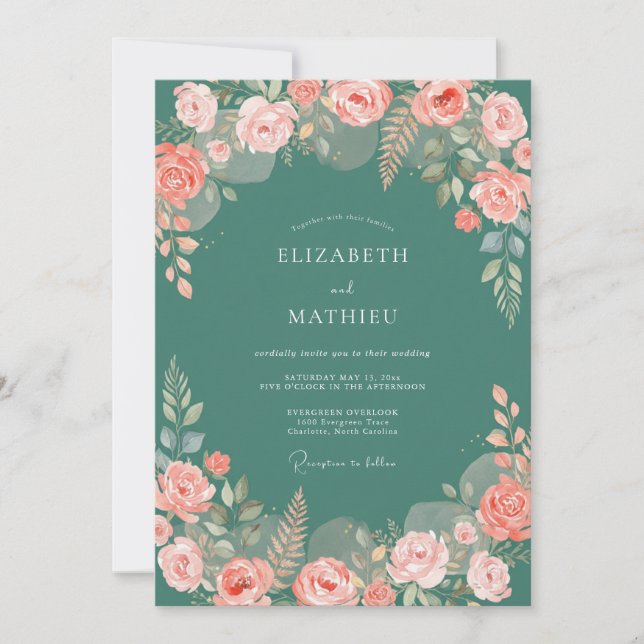 Teal Verdant Rose Wedding Invitation (Front)