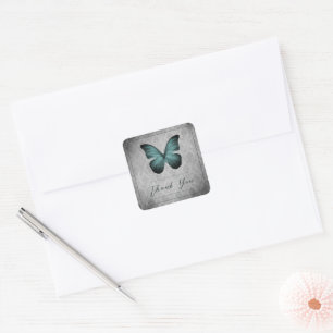 Teal Vintage Butterfly Damask Wedding Thank You Square Sticker
