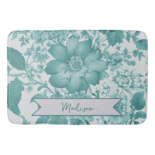 Teal Vintage Chinoiserie Floral Personalised Bath Mat