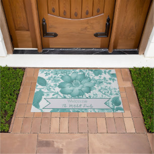 Teal Vintage Chinoiserie Floral Personalised Doormat
