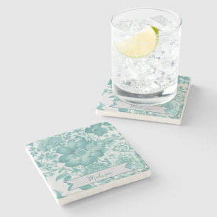 Teal Vintage Chinoiserie Floral Personalised Stone Coaster